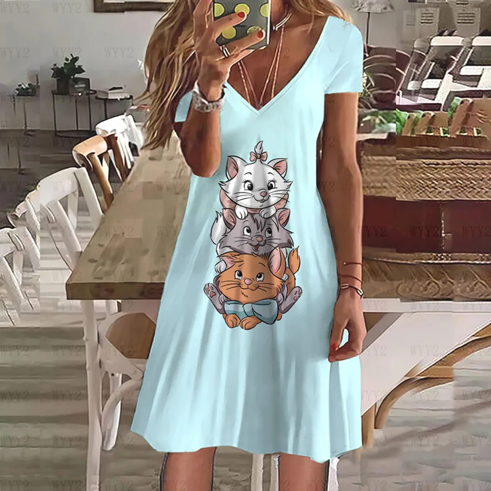 Femei Casual de Vara V Gât T-Shirt Dress 2023 Disney Marie Plus Dimensiune Pierde T-Shirt Femei de Moda Rochie de Imagine 2