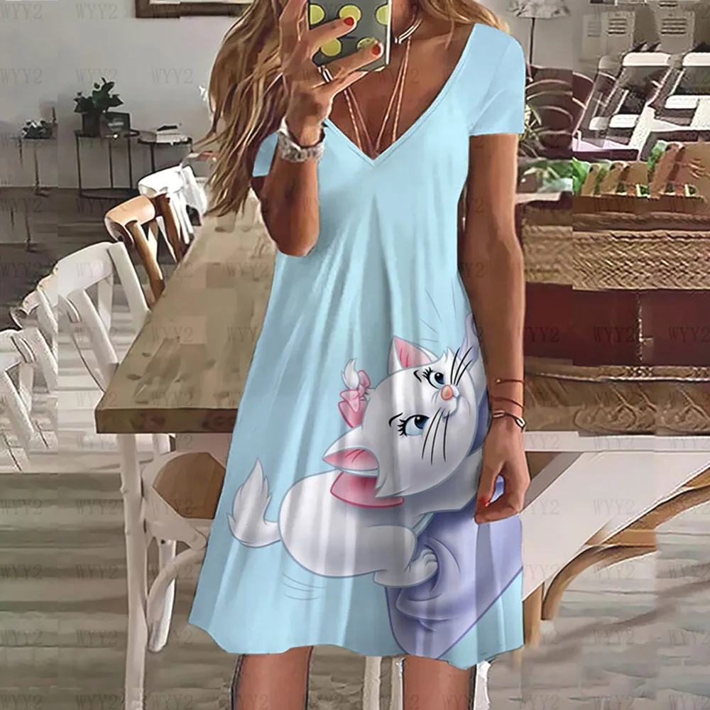 Femei Casual de Vara V Gât T-Shirt Dress 2023 Disney Marie Plus Dimensiune Pierde T-Shirt Femei de Moda Rochie de Imagine 3