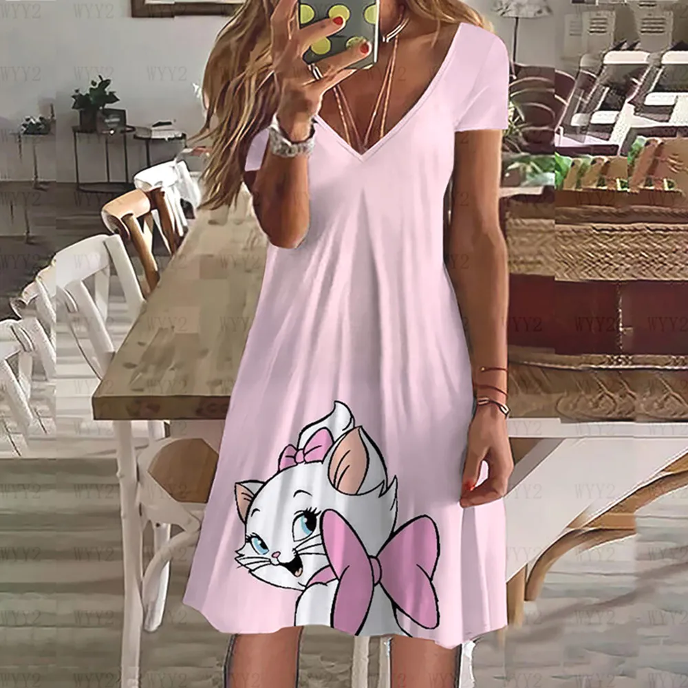 Femei Casual de Vara V Gât T-Shirt Dress 2023 Disney Marie Plus Dimensiune Pierde T-Shirt Femei de Moda Rochie de Imagine 4