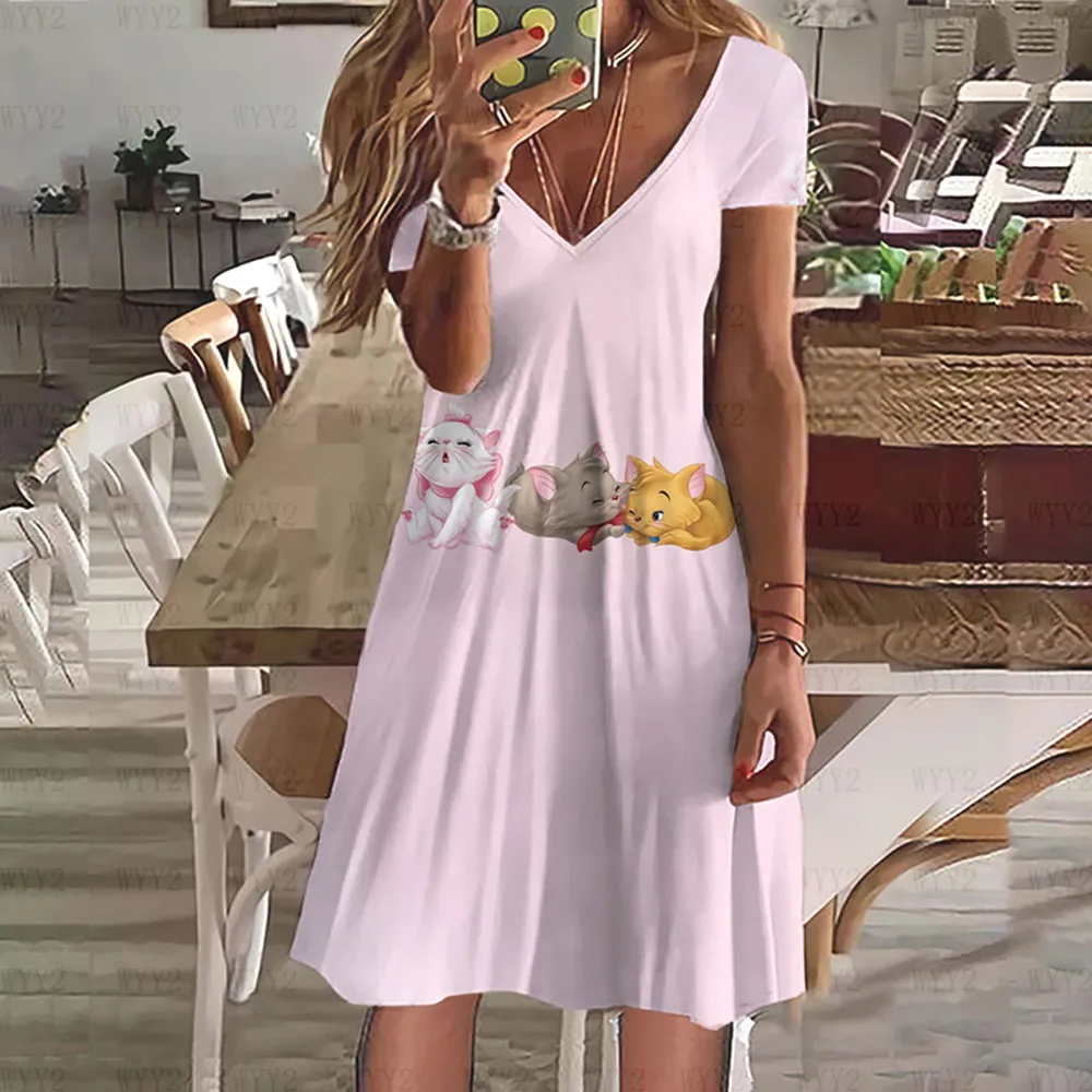 Femei Casual de Vara V Gât T-Shirt Dress 2023 Disney Marie Plus Dimensiune Pierde T-Shirt Femei de Moda Rochie de Imagine 5