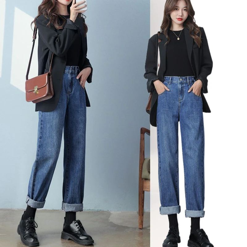 Femei De Primavara Toamna Casual Negru Vrac Sacouri Coreean Lady Costum De Moda Jachete De Înaltă Talie Pantaloni Din Denim Seturi Albastru Blugi Largi Picior Imagine 0