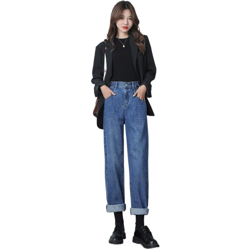 Femei De Primavara Toamna Casual Negru Vrac Sacouri Coreean Lady Costum De Moda Jachete De Înaltă Talie Pantaloni Din Denim Seturi Albastru Blugi Largi Picior Imagine 2