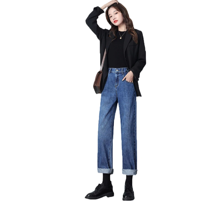 Femei De Primavara Toamna Casual Negru Vrac Sacouri Coreean Lady Costum De Moda Jachete De Înaltă Talie Pantaloni Din Denim Seturi Albastru Blugi Largi Picior Imagine 3