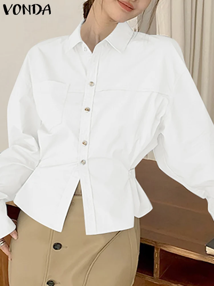 Femei Elegante, Cămăși 2023 VONDA Casual cu Maneca Lunga Bluza Tunica Butoane Top Culoare Solidă Talie în Toamna Elegant Blusas Femininas Imagine 0