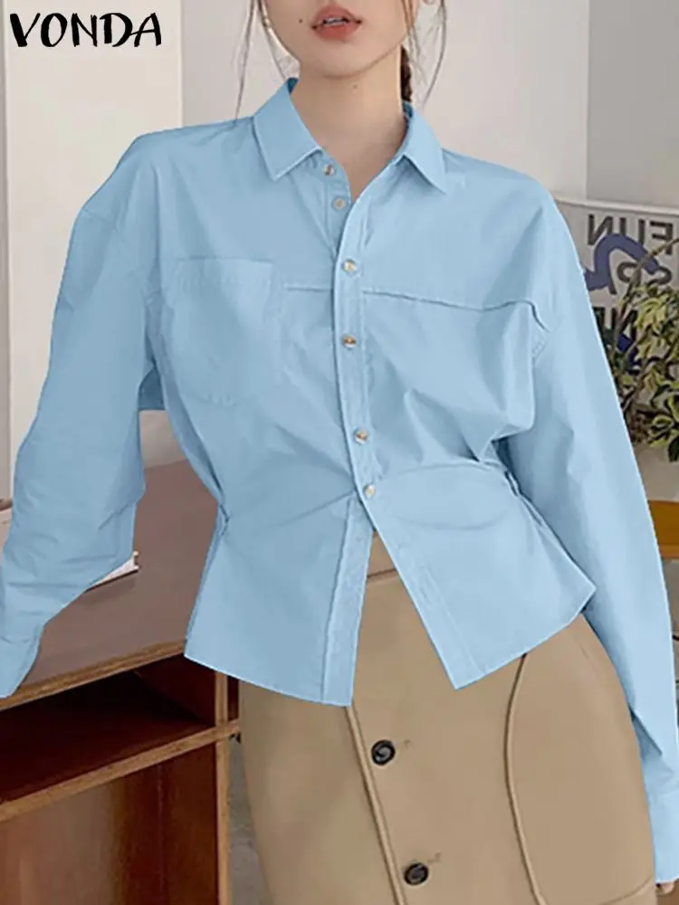 Femei Elegante, Cămăși 2023 VONDA Casual cu Maneca Lunga Bluza Tunica Butoane Top Culoare Solidă Talie în Toamna Elegant Blusas Femininas Imagine 2
