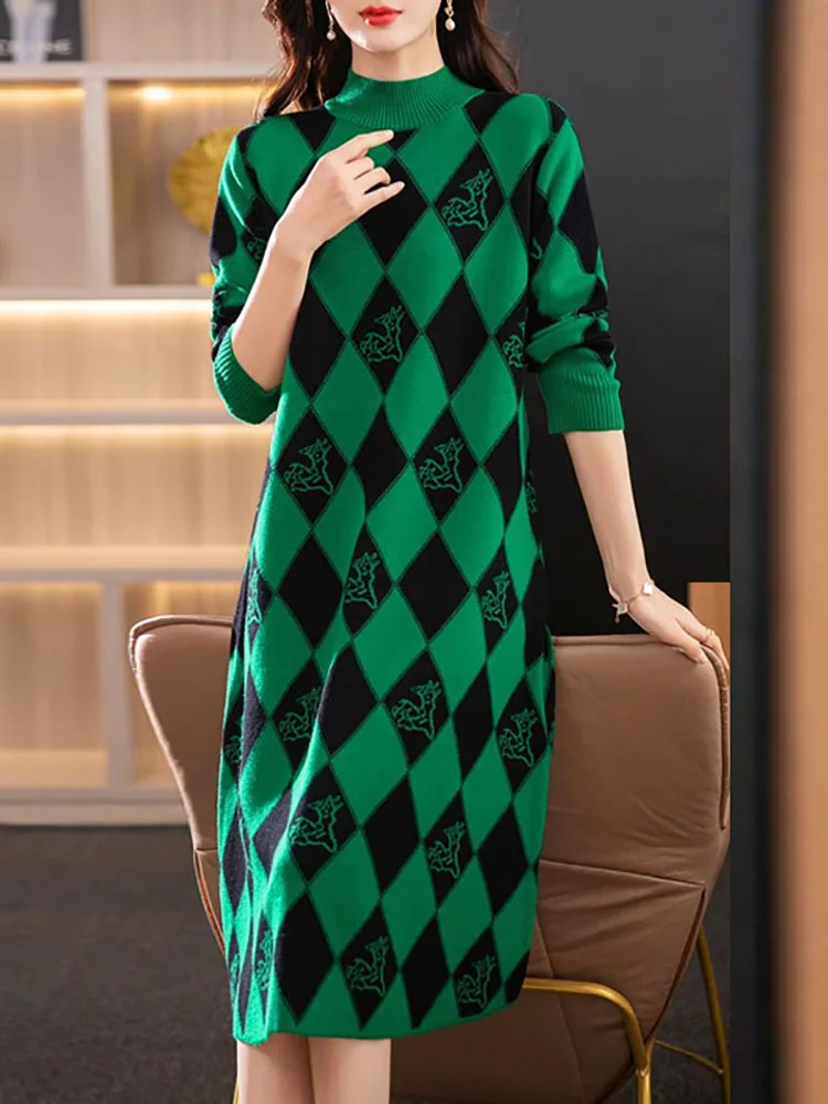Femei Verde Print Carouri Cașmir Tricotate Cald Rochie Lunga De Toamna Iarna Elegant Pulover Rochie 2023 Moda Coreeană Pulovere Imagine 2