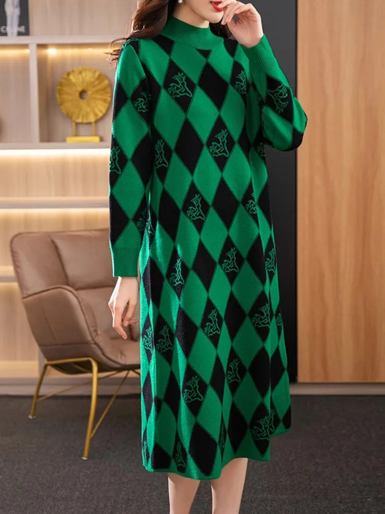 Femei Verde Print Carouri Cașmir Tricotate Cald Rochie Lunga De Toamna Iarna Elegant Pulover Rochie 2023 Moda Coreeană Pulovere Imagine 4