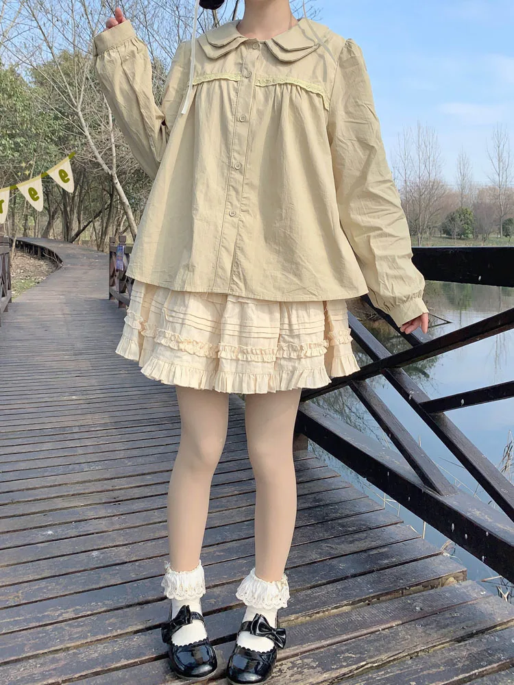 KIMOKOKM Drăguț Peter Pan Guler Dantela Volane Complet Maneca Tricou Drăguț Stil Preppy Nou Japonez Drăguț Girly Lolita Bluza Tricou Imagine 1