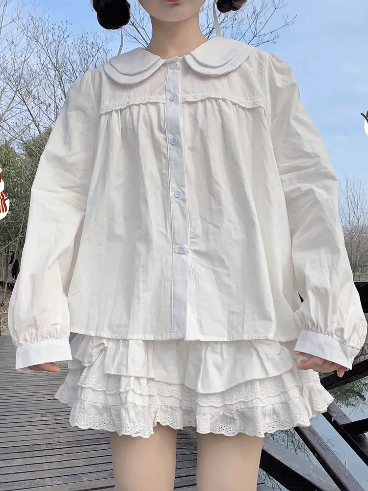 KIMOKOKM Drăguț Peter Pan Guler Dantela Volane Complet Maneca Tricou Drăguț Stil Preppy Nou Japonez Drăguț Girly Lolita Bluza Tricou Imagine 3