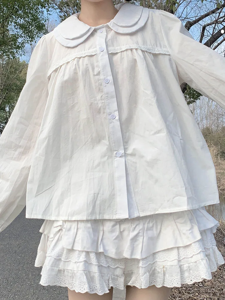 KIMOKOKM Drăguț Peter Pan Guler Dantela Volane Complet Maneca Tricou Drăguț Stil Preppy Nou Japonez Drăguț Girly Lolita Bluza Tricou Imagine 4