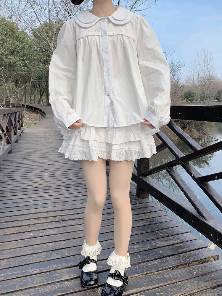 KIMOKOKM Drăguț Peter Pan Guler Dantela Volane Complet Maneca Tricou Drăguț Stil Preppy Nou Japonez Drăguț Girly Lolita Bluza Tricou Imagine 5
