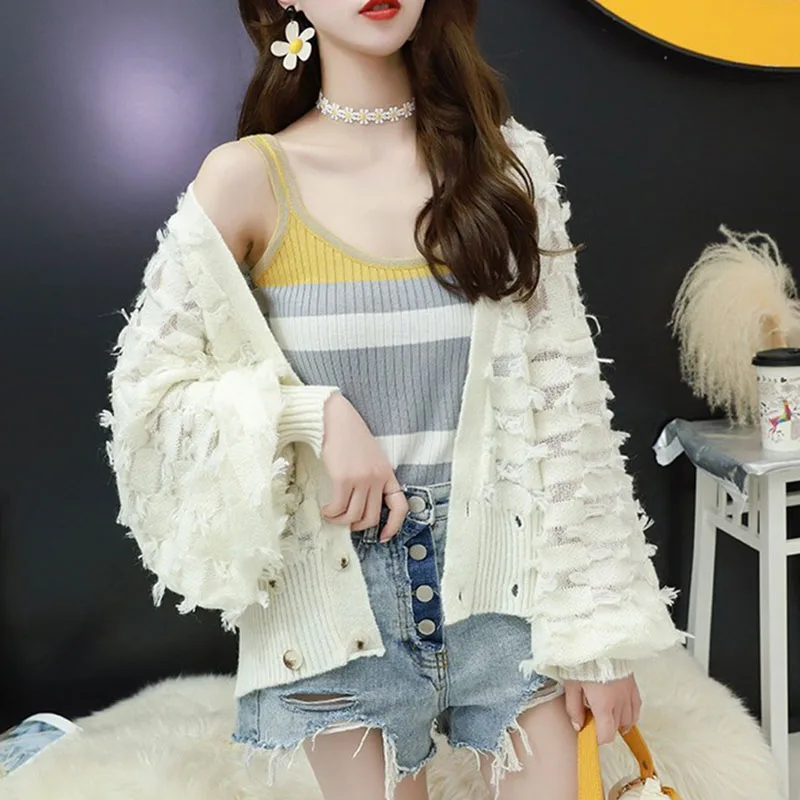 Mesh cardigan femei plus dimensiunea V gât pulover de vară elegant subțire, elegant strat de mozaic haine coreeană stil cardigan haine noi Imagine 3