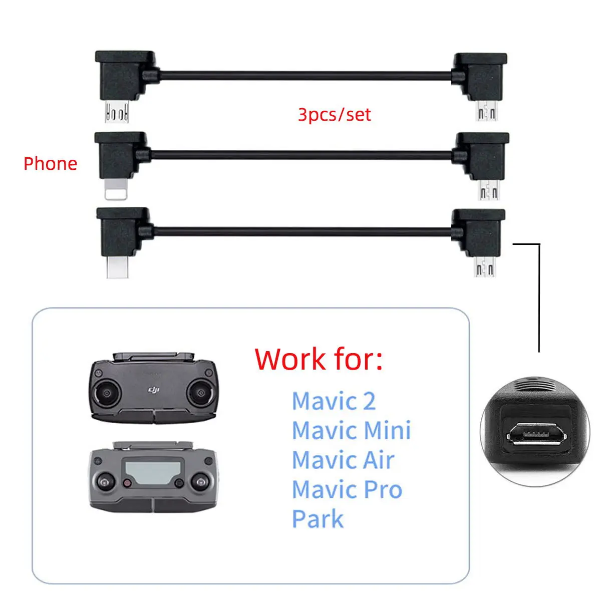 Micro & 8pini & Type-C la Micro USB Telecomanda Cablu de Date pentru Mavic Pro Platinum Mavic Parc RC Accesorii 3pcs/set Imagine 5