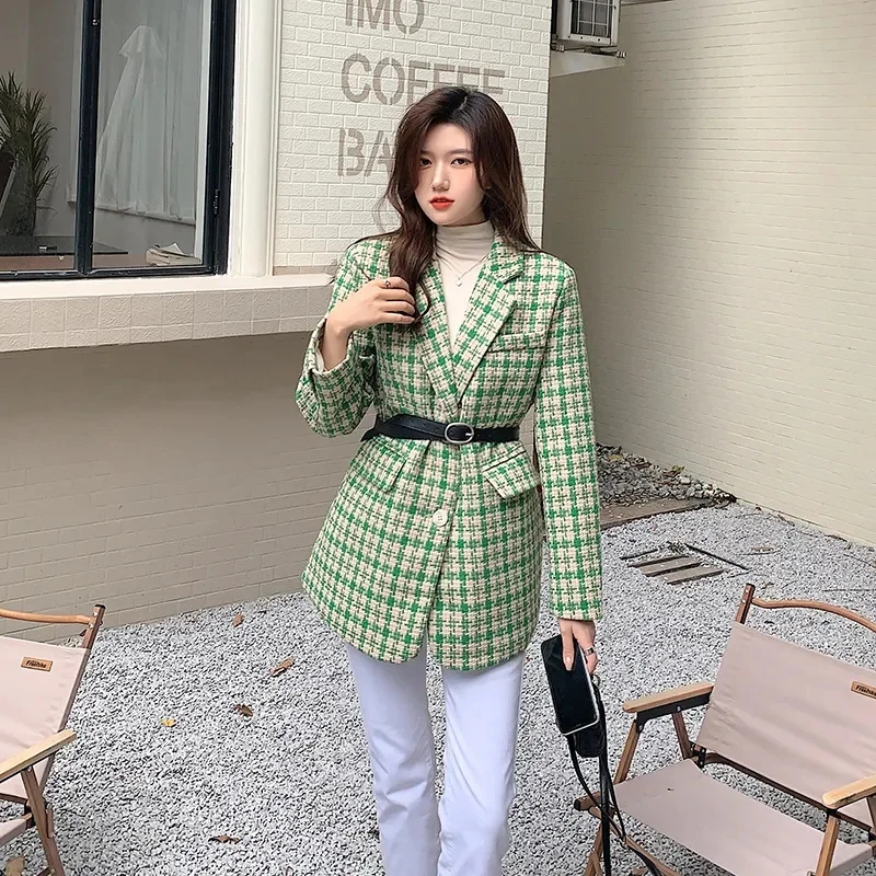 Moda Tweed Houndstooth Verde Sacouri Sacou Femei Haina Liber 2023 Primavara Toamna Anului Nou Coreean Costum Casual, Guler Feminin Uza Imagine 0