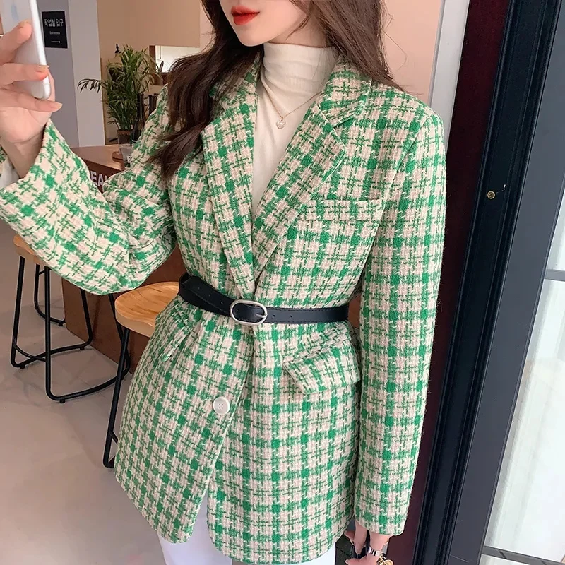 Moda Tweed Houndstooth Verde Sacouri Sacou Femei Haina Liber 2023 Primavara Toamna Anului Nou Coreean Costum Casual, Guler Feminin Uza Imagine 4
