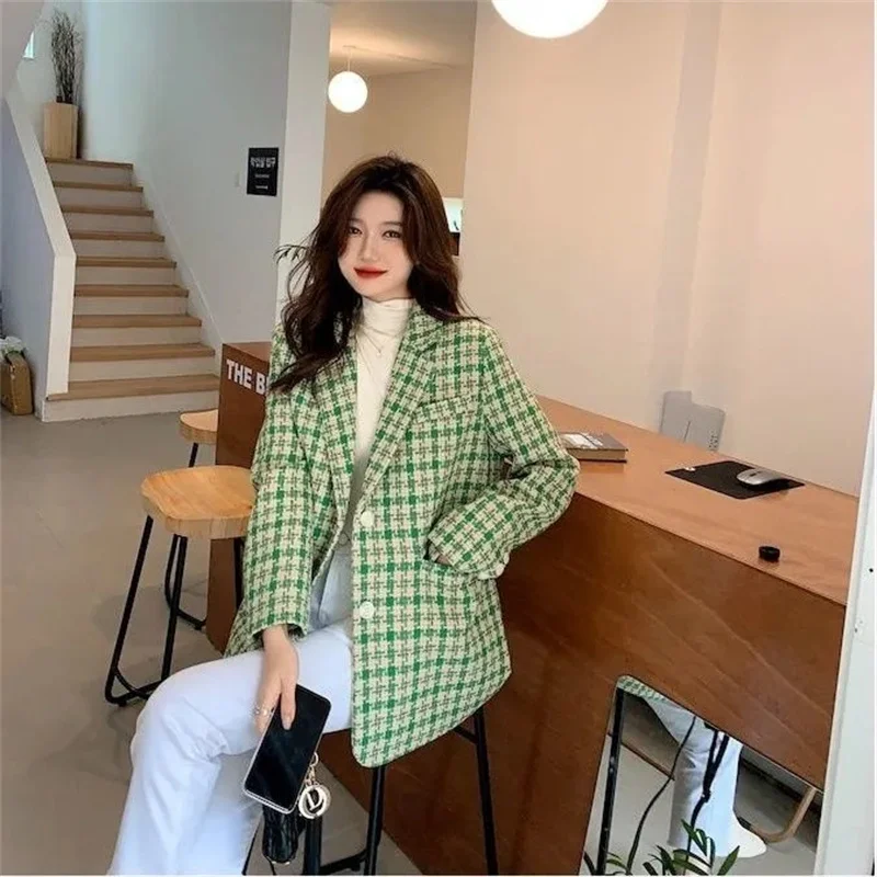 Moda Tweed Houndstooth Verde Sacouri Sacou Femei Haina Liber 2023 Primavara Toamna Anului Nou Coreean Costum Casual, Guler Feminin Uza Imagine 5