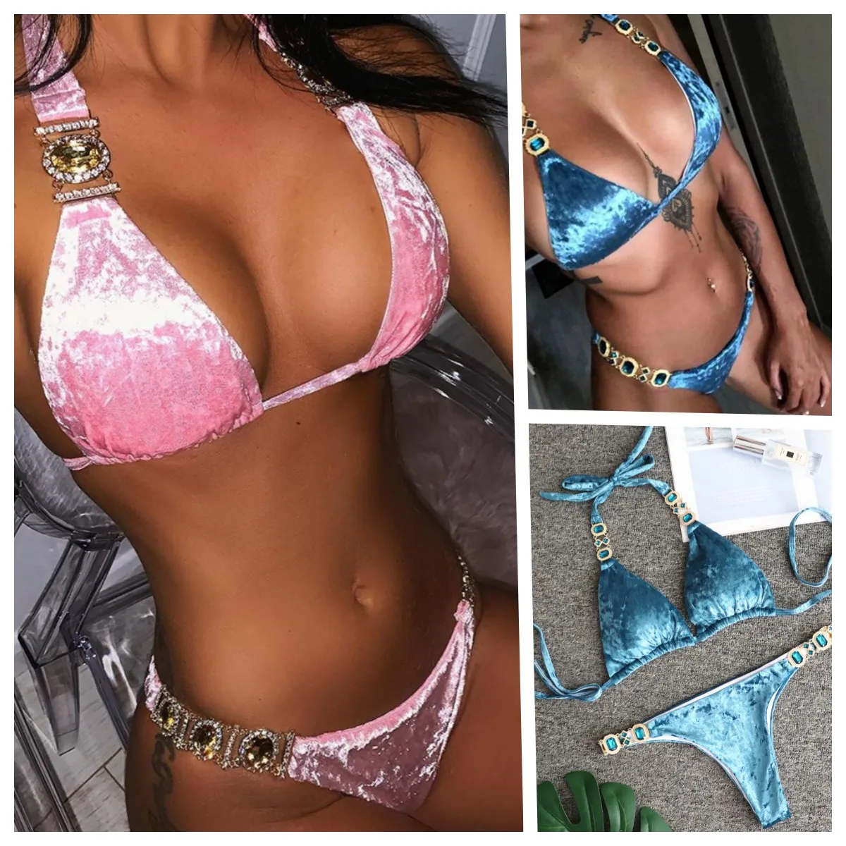 Sexy Cristal De Diamant Catifea Bikini 2023 Femei Bandaj De Costume De Baie Femei Costume De Baie Brazilian Bikini Tanga Dropshipping Imagine 0