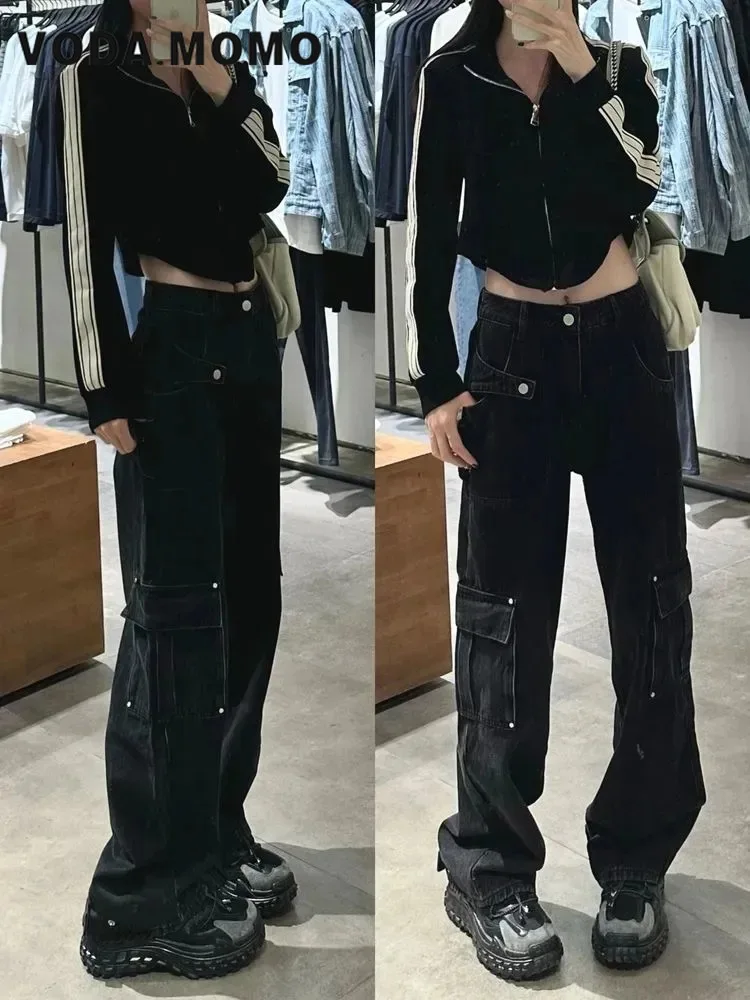 Talie mare de Primăvară de Toamnă Drept Liber de Pantaloni Largi Picior American Retro Multi-buzunare Blugi Femei Y2K Gotic Streetwear Hip Hop Imagine 1