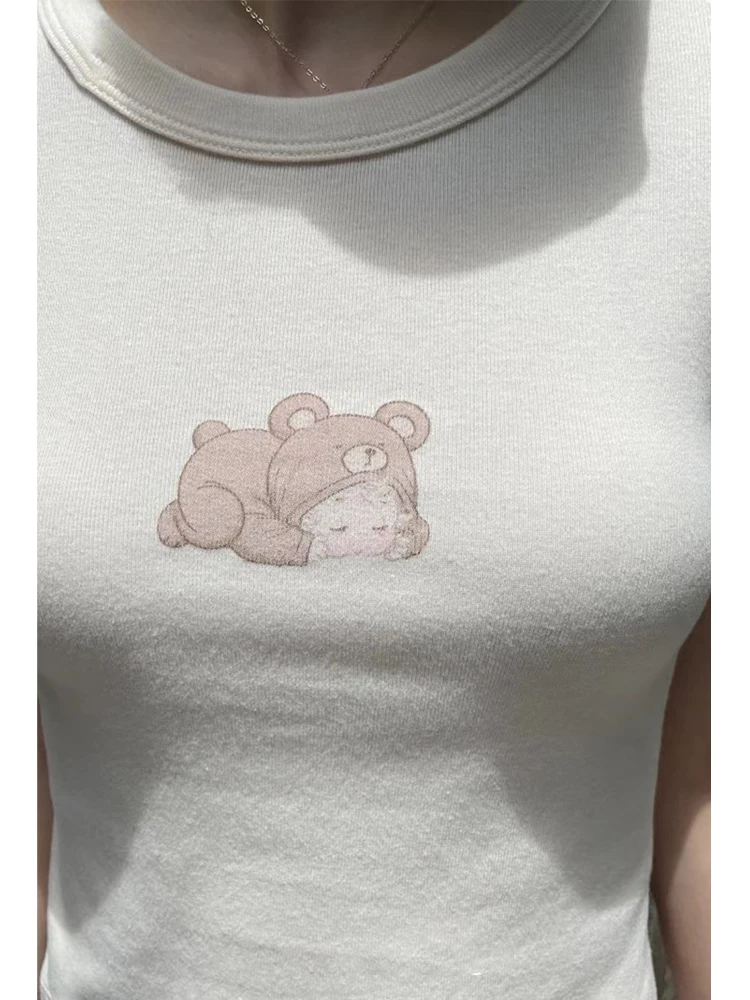 Urs drăguț Baby Print Slim tricouri Femei 2023 Vara Epocă O de Gât cu Maneci Scurte din Bumbac Bej Crop Top Casual Dulce Y2k Tricou Imagine 2
