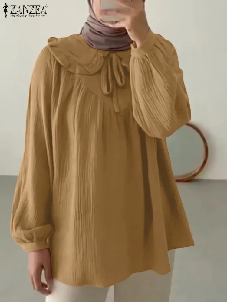 ZANZEA 2023 Toamna Elegant Tricou Femei Musulmane Topuri cu Maneci Lungi V-Neck Eid Mubarak Dubai Blusas Haine Islamice Vacanță Tricouri Imagine 2