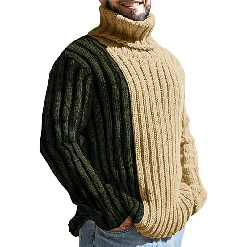 Îmbinat Contrast Guler Înalt Tricotaje Mens De Moda Streetwear Retro Slim Fit Pulover Topuri De Sex Masculin Cald Casual Cu Mâneci Lungi Pulover Imagine 1